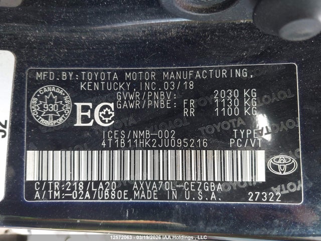 4T1B11HK2JU095216 Toyota CAMRY XLE