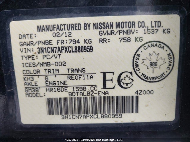 2012 Nissan Versa 1.6 Sv მანქანა იყიდება აუქციონზე, vin: 3N1CN7APXCL880959, აუქციონის ნომერი: 12572075