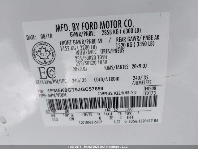 1FM5K8GT9JGC57659 Ford EXPLORER SPORT