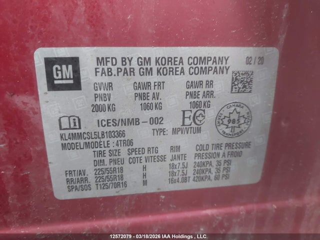 Aukcja sprzedaży 2020 Buick Encore Gx Preferred, vin: KL4MMCSL5LB103366, numer aukcji: 12572079