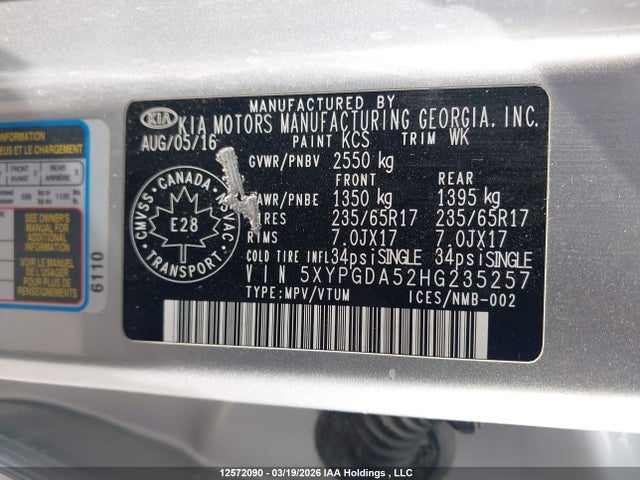 5XYPGDA52HG235257 KIA Sorento 3.3l Lx V6 7-seater