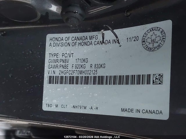 2021 Honda Civic Ex 4dr მანქანა იყიდება აუქციონზე, vin: 2HGFC2F70MH002125, აუქციონის ნომერი: 12572104
