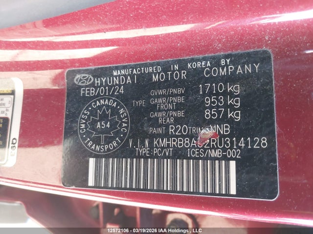 12572106 :رقم المزاد ، KMHRB8A32RU314128 vin ، 2024 Hyundai Venue Essential With Two-tone مزاد بيع
