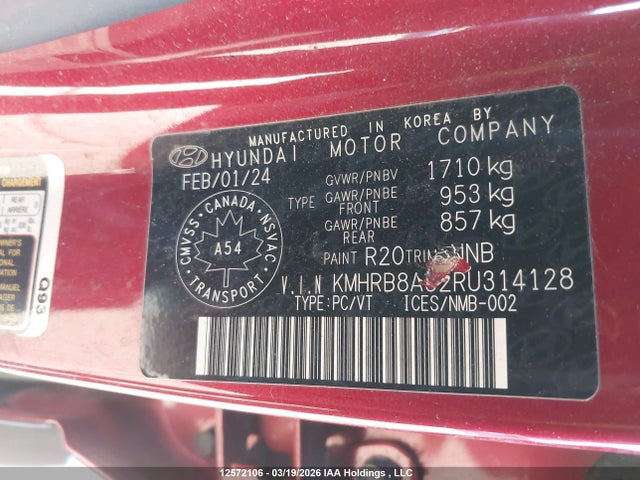 12572106 :رقم المزاد ، KMHRB8A32RU314128 vin ، 2024 Hyundai Venue Essential With Two-tone مزاد بيع