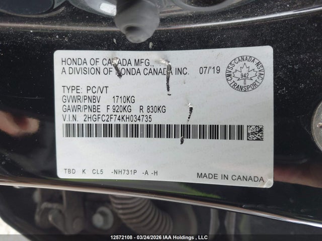 Продаж на аукціоні авто 2019 Honda Civic Ex 4dr, vin: 2HGFC2F74KH034735, номер лоту: 12572108