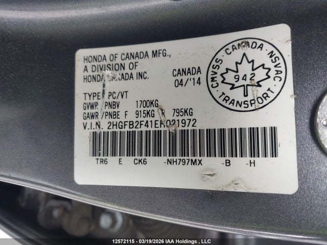2014 Honda Civic Lx მანქანა იყიდება აუქციონზე, vin: 2HGFB2F41EH021972, აუქციონის ნომერი: 12572115