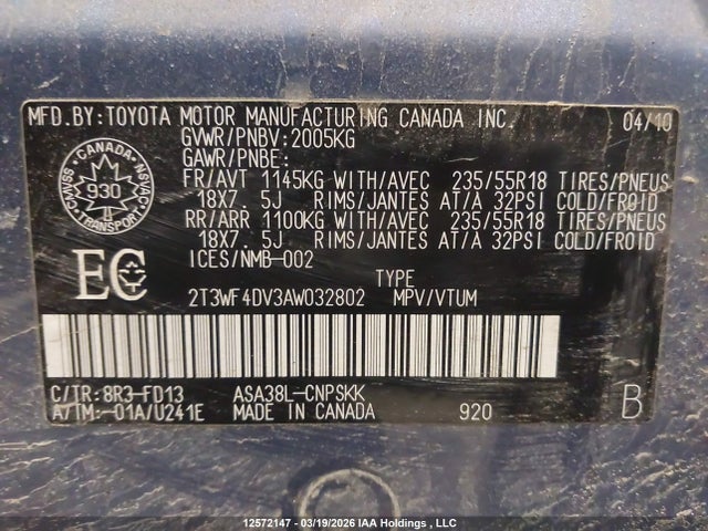 12572147 :رقم المزاد ، 2T3WF4DV3AW032802 vin ، 2010 Toyota Rav4 Sport مزاد بيع