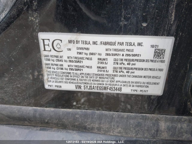 Продаж на аукціоні авто 2021 Tesla Model S, vin: 5YJSA1E65MF453448, номер лоту: 12572153