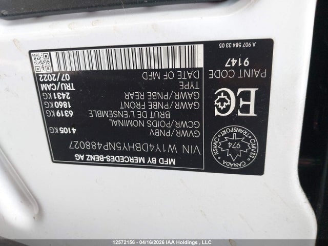Aukcja sprzedaży 2022 Mercedes-benz Sprinter 2500 Standard Roof I4 Diesel, vin: W1Y4DBHY5NP488027, numer aukcji: 12572156