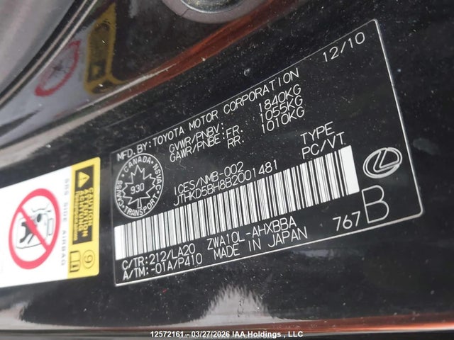 Aukcja sprzedaży 2011 Lexus Ct 200h, vin: JTHKD5BH8B2001481, numer aukcji: 12572161