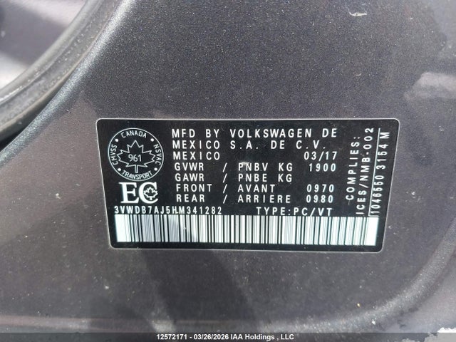12572171 :رقم المزاد ، 3VWDB7AJ5HM341282 vin ، 2017 Volkswagen Jetta Wolfsburg Edition مزاد بيع