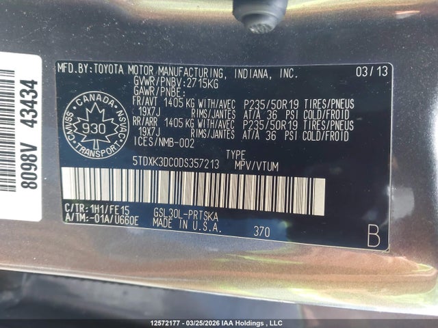 Aukcja sprzedaży 2013 Toyota Sienna, vin: 5TDXK3DC0DS357213, numer aukcji: 12572177