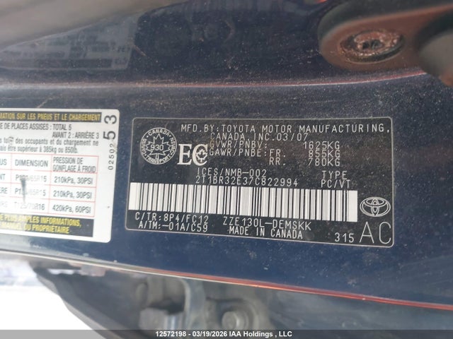 12572198 :رقم المزاد ، 2T1BR32E37C822994 vin ، 2007 Toyota Corolla Ce/le/sport مزاد بيع