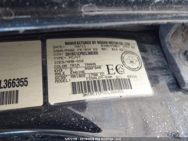 12572199 :رقم المزاد ، 3N1BC1CP0CL366355 vin ، 2012 Nissan Versa مزاد بيع
