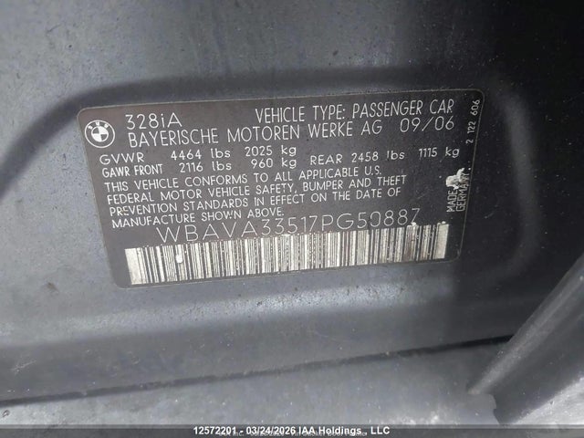 Продаж на аукціоні авто 2007 Bmw 328i, vin: WBAVA33517PG50887, номер лоту: 12572201