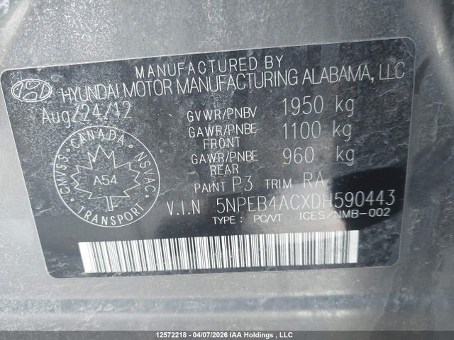 Продаж на аукціоні авто 2013 Hyundai Sonata Gls, vin: 5NPEB4ACXDH590443, номер лоту: 12572218