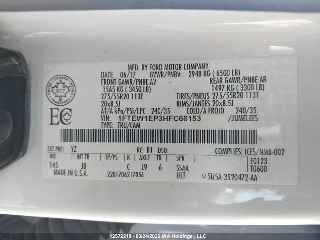 Продажа на аукционе авто 2017 Ford F150 Supercrew, vin: 1FTEW1EP3HFC66153, номер лота: 12572219