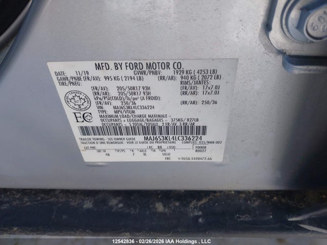 Продаж на аукціоні авто 2020 Ford Ecosport Titanium, vin: MAJ6S3KL4LC336224, номер лоту: 12542836