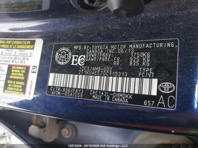 12572254 :رقم المزاد ، 2T1KU4EE7DC115313 vin ، 2013 Toyota Matrix مزاد بيع