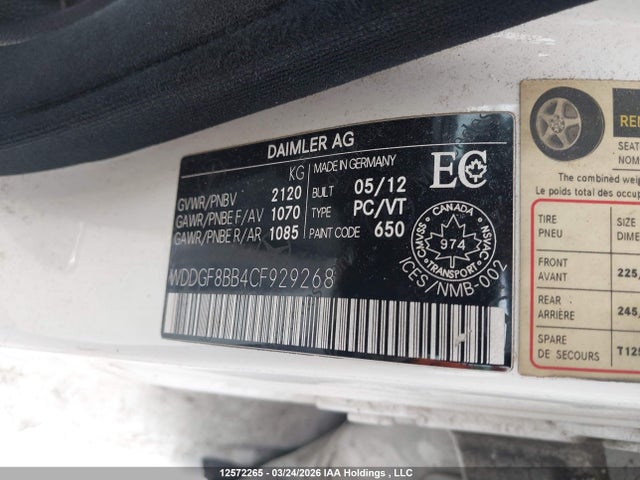 12572265 :رقم المزاد ، WDDGF8BB4CF929268 vin ، 2012 Mercedes-benz C 300 4matic مزاد بيع