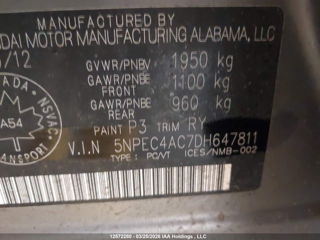 12572280 :رقم المزاد ، 5NPEC4AC7DH647811 vin ، 2013 Hyundai Sonata مزاد بيع