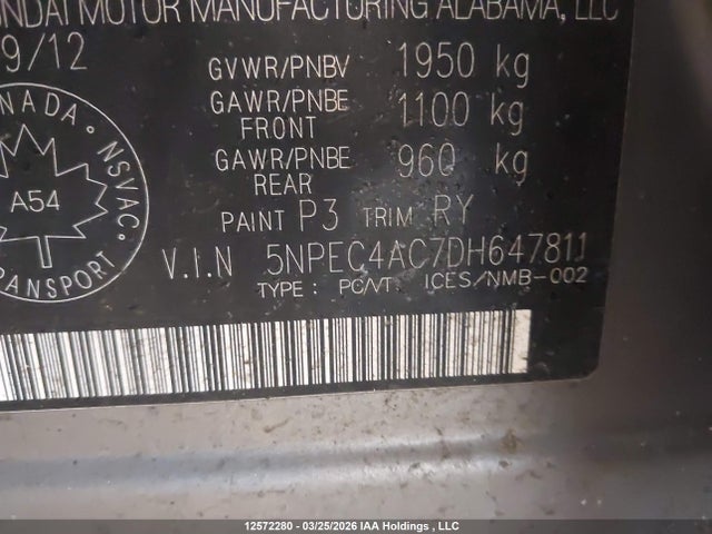 12572280 :رقم المزاد ، 5NPEC4AC7DH647811 vin ، 2013 Hyundai Sonata مزاد بيع