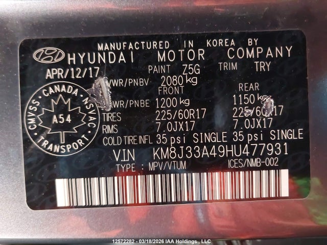 KM8J33A49HU477931 Hyundai TUCSON SE