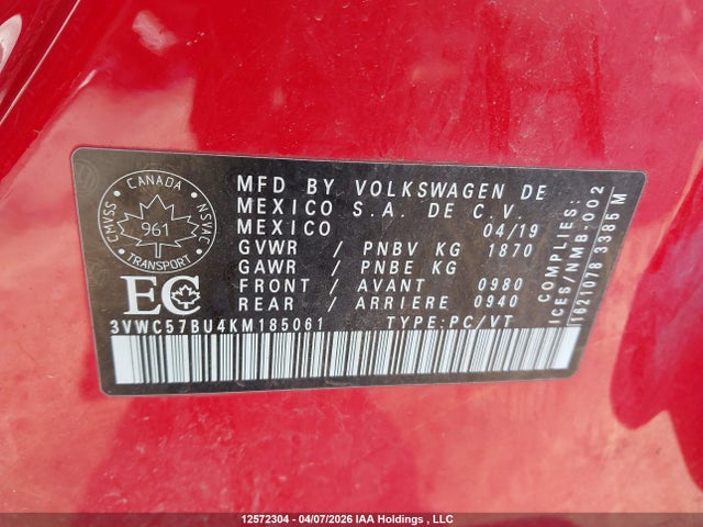 Aukcja sprzedaży 2019 Volkswagen Jetta, vin: 3VWC57BU4KM185061, numer aukcji: 12572304