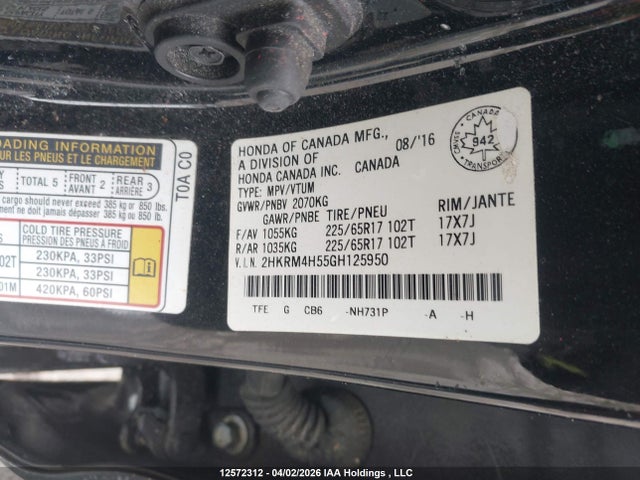 Продаж на аукціоні авто 2016 Honda Cr-v, vin: 2HKRM4H55GH125950, номер лоту: 12572312