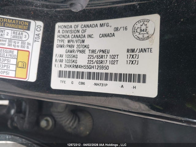 Продаж на аукціоні авто 2016 Honda Cr-v, vin: 2HKRM4H55GH125950, номер лоту: 12572312