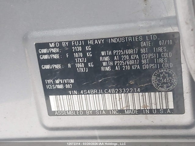 Aukcja sprzedaży 2011 Subaru Outback 3.6r Limited, vin: 4S4BRJLC4B2332214, numer aukcji: 12572314