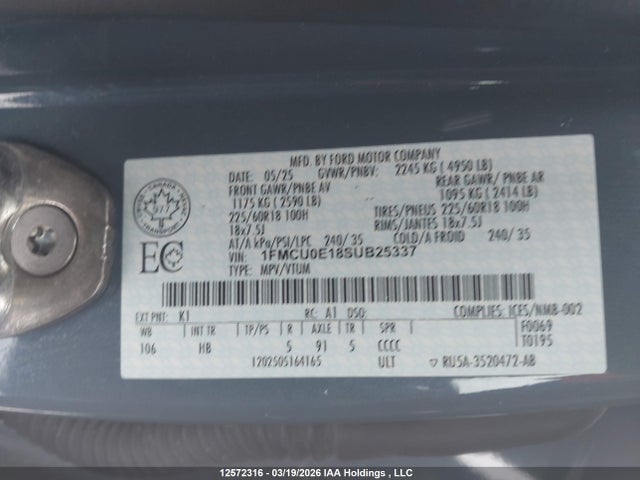 Продаж на аукціоні авто 2025 Ford Escape, vin: 1FMCU0E18SUB25337, номер лоту: 12572316