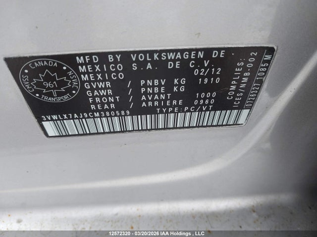 12572320 :رقم المزاد ، 3VWLX7AJ9CM380589 vin ، 2012 Volkswagen Jetta 2.5l Highline مزاد بيع