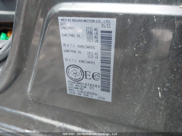 2015 Nissan Pathfinder Platinum/s/sl/sv მანქანა იყიდება აუქციონზე, vin: 5N1AR2MM0FC676583, აუქციონის ნომერი: 12572321