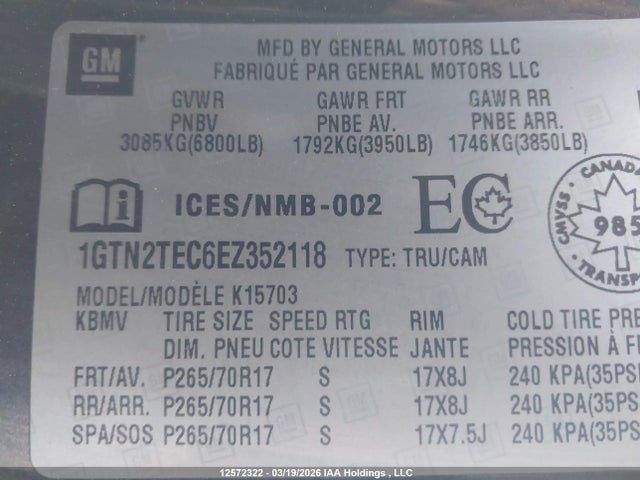 12572322 :رقم المزاد ، 1GTN2TEC6EZ352118 vin ، 2014 Gmc Sierra K1500 مزاد بيع