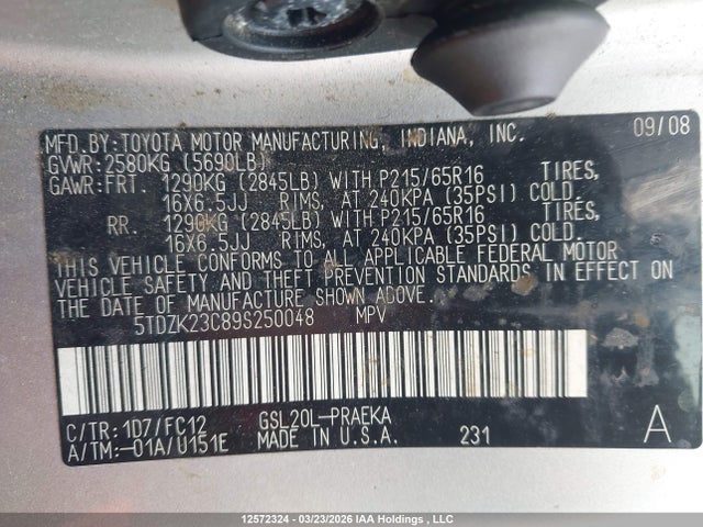 2009 Toyota Sienna Ce/le მანქანა იყიდება აუქციონზე, vin: 5TDZK23C89S250048, აუქციონის ნომერი: 12572324
