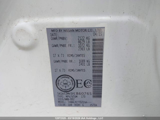 5N1AT2MV3FC860765 Nissan Rogue S/sl/sv