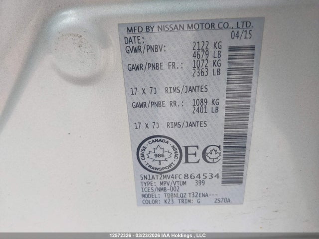 Продаж на аукціоні авто 2015 Nissan Rogue S/sl/sv, vin: 5N1AT2MV4FC864534, номер лоту: 12572326