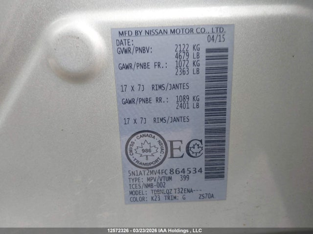 Продаж на аукціоні авто 2015 Nissan Rogue S/sl/sv, vin: 5N1AT2MV4FC864534, номер лоту: 12572326