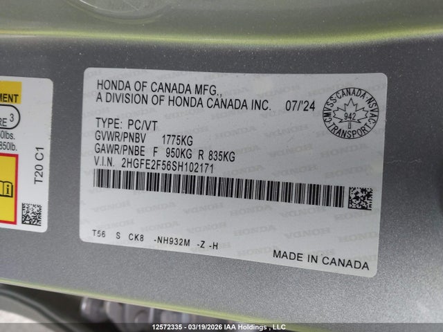 Продаж на аукціоні авто 2025 Honda Civic Sport, vin: 2HGFE2F56SH102171, номер лоту: 12572335
