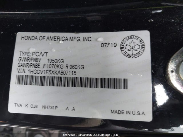 2019 Honda Accord მანქანა იყიდება აუქციონზე, vin: 1HGCV1F5XKA807115, აუქციონის ნომერი: 12572337