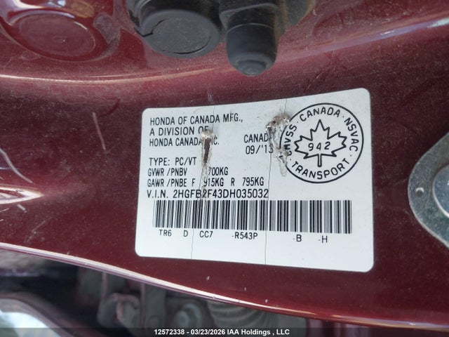 Продаж на аукціоні авто 2013 Honda Civic Lx, vin: 2HGFB2F43DH035032, номер лоту: 12572338