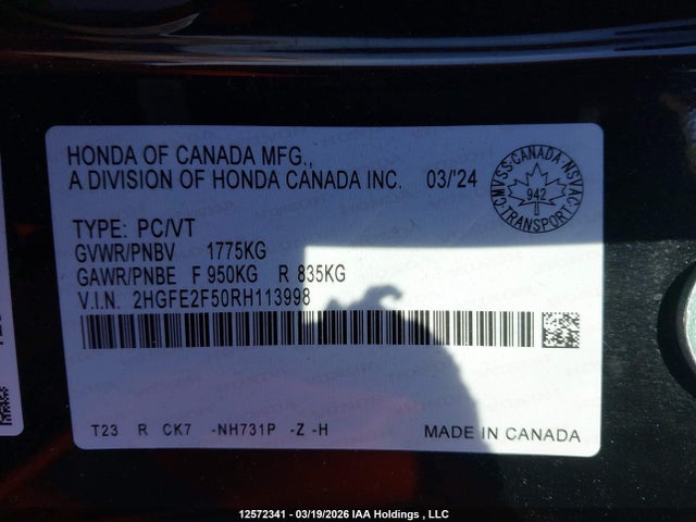 Продаж на аукціоні авто 2024 Honda Civic Sport, vin: 2HGFE2F50RH113998, номер лоту: 12572341