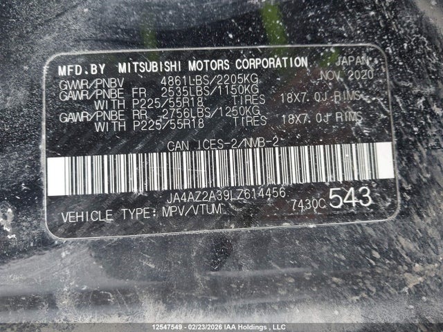 Aukcja sprzedaży 2020 Mitsubishi Outlander Es/ex/ex-l, vin: JA4AZ2A39LZ614456, numer aukcji: 12547549