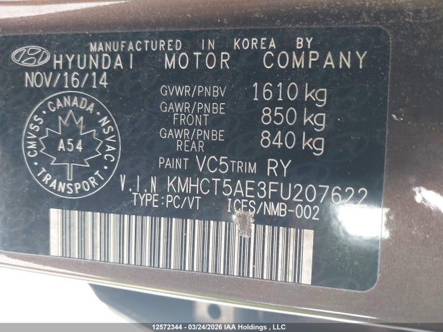 2015 Hyundai Accent Le მანქანა იყიდება აუქციონზე, vin: KMHCT5AE3FU207622, აუქციონის ნომერი: 12572344