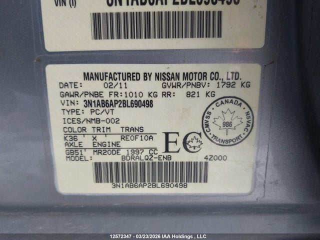 Aukcja sprzedaży 2011 Nissan Sentra 2.0/2.0s/sr/2.0sl, vin: 3N1AB6AP2BL690498, numer aukcji: 12572347