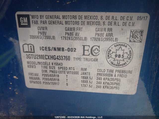 3GTU2MECXHG433760 GMC Sierra K1500 Sle