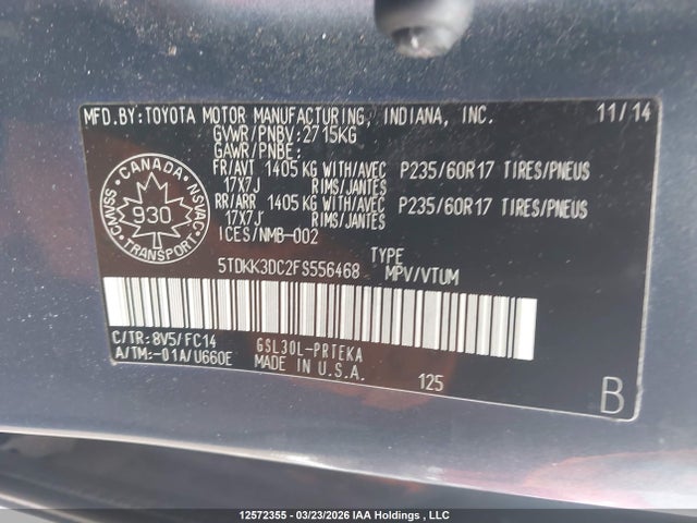 12572355 :رقم المزاد ، 5TDKK3DC2FS556468 vin ، 2015 Toyota Sienna مزاد بيع