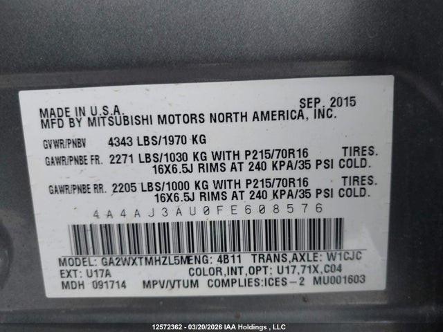 Aukcja sprzedaży 2015 Mitsubishi Rvr, vin: 4A4AJ3AU0FE608576, numer aukcji: 12572362