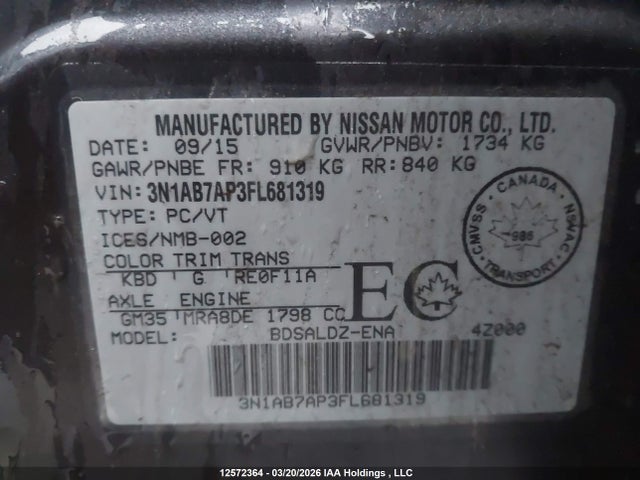 Продажа на аукционе авто 2015 Nissan Sentra S/sv/sr/sl, vin: 3N1AB7AP3FL681319, номер лота: 12572364